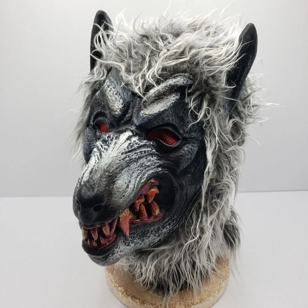 Hungry Howler Werewolf Mask Halloween Monster Full Head Faux Fur Fangs Grey OS